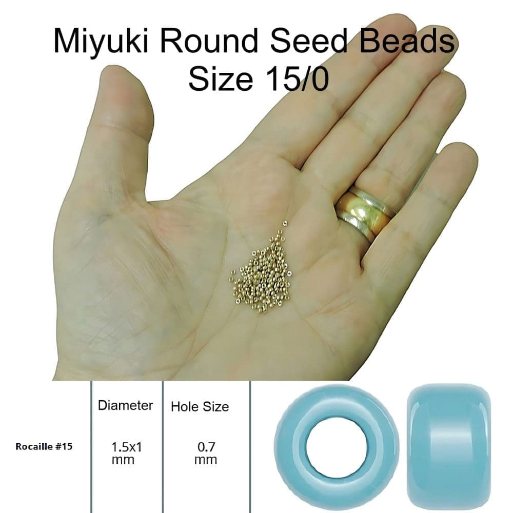 Miyuki size 15/0 beads pictured in a hand for size reference